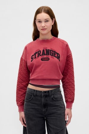 Stranger Things Quilted-Sleeve Logo Sweatshirt