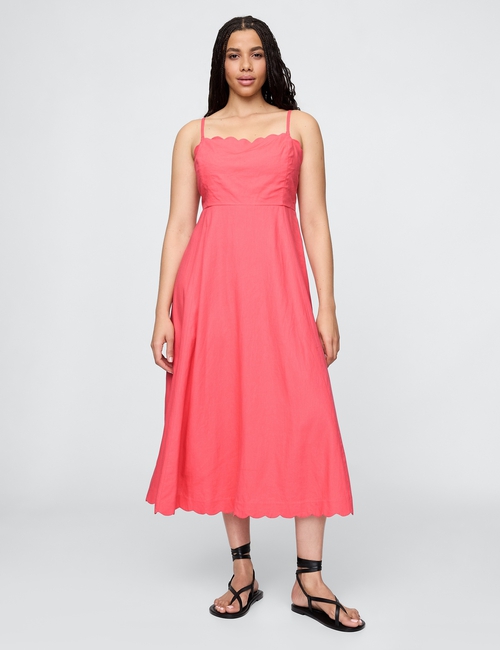 Linen-Blend Scalloped Midi Dress