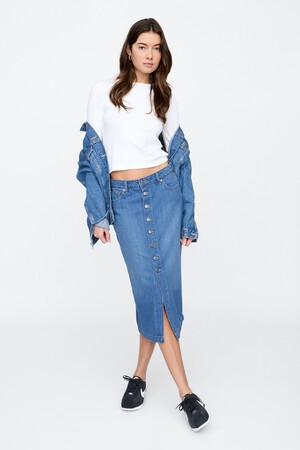 Denim Button-Front Midi Skirt