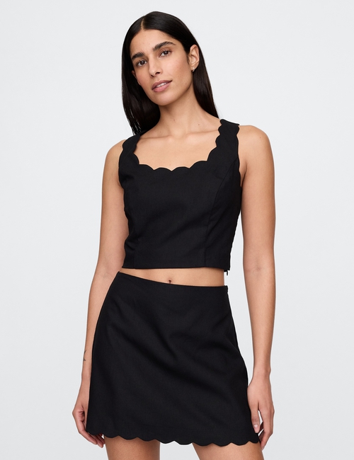 Linen-Blend Scalloped Cropped Top