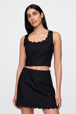 Linen-Blend Scalloped Cropped Top