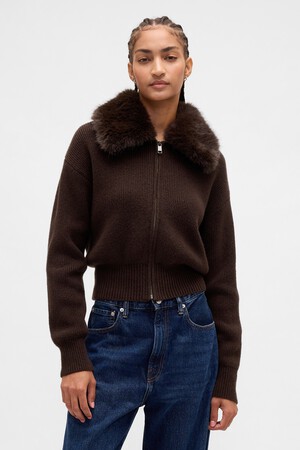 CashSoft Faux-Fur Collar Zip Cardigan Sweater