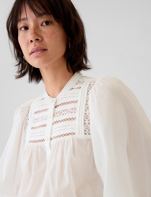 Puff Sleeve Lace-Trim Shirt