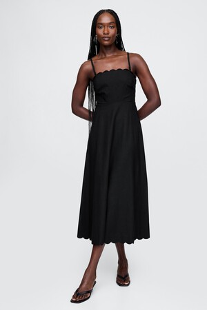 Linen-Blend Scalloped Midi Dress