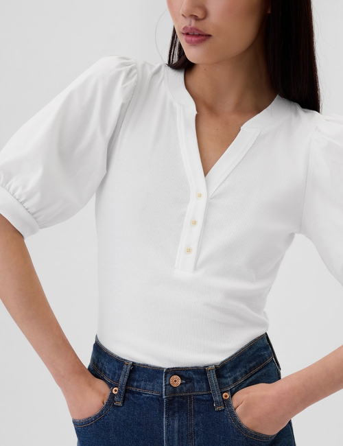 Ribbed Henley Puff Sleeve Top