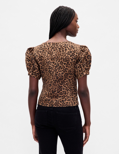 SS PUFF SLV VNECK FASHION SHIRT - LEOPARD