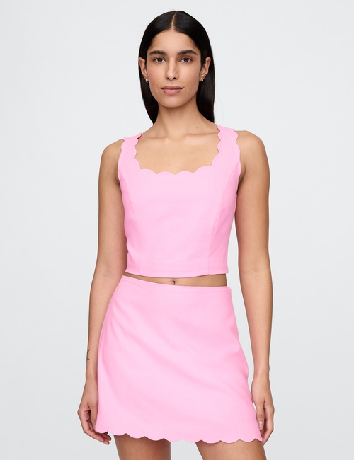 Linen-Blend Scalloped Cropped Top