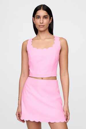 Linen-Blend Scalloped Cropped Top