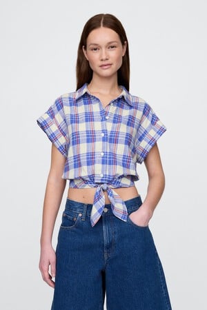Linen-Blend Cropped Tie-Front Shirt