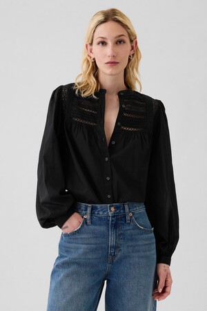 Puff-Sleeve Lace-Trim Shirt