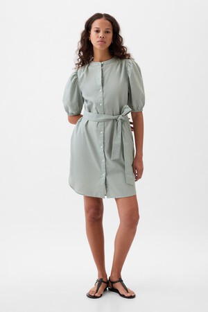 Linen-Cotton Puff Sleeve Mini Shirtdress