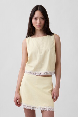 Linen-Blend Lace-Hem Crop Shell Top