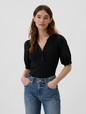 Ribbed Henley Puff Sleeve Top