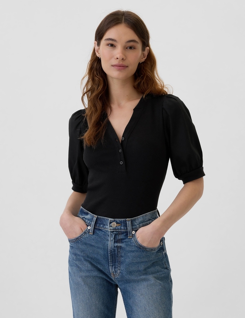 Ribbed Henley Puff Sleeve Top