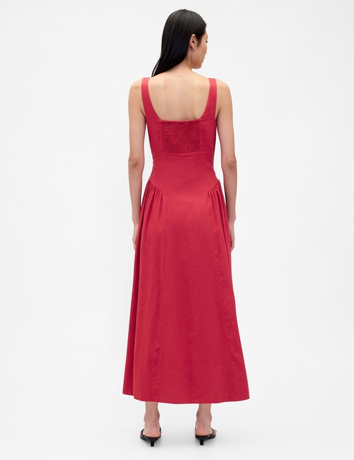 Linen-Blend Shirred Maxi Dress