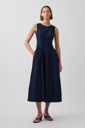 Denim Drop-Waist Midi Dress