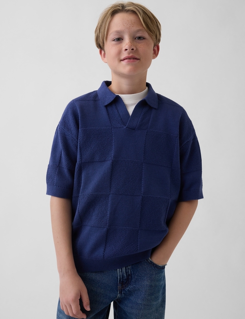 Kids Johnny-Collar Checkered Sweater