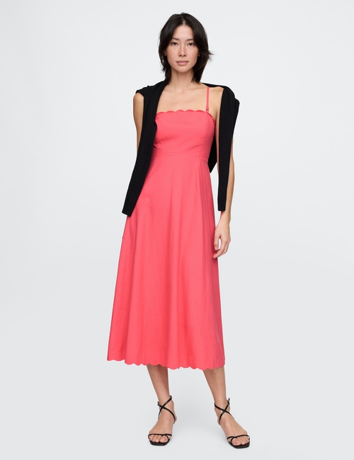 Linen-Blend Scalloped Midi Dress