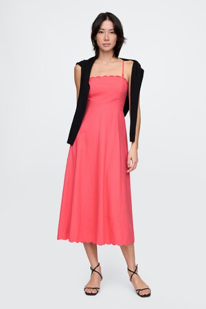 Linen-Blend Scalloped Midi Dress