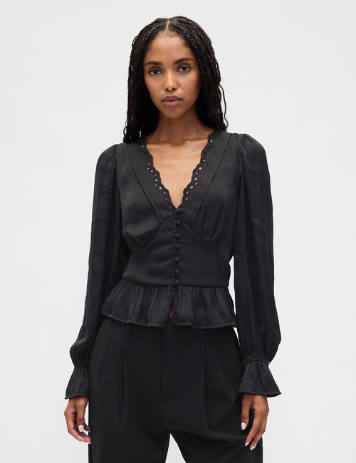 LS EYELET BTTN FRONT FEMME TOP