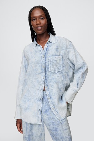 Crinkle Gauze Denim Oversized Shirt