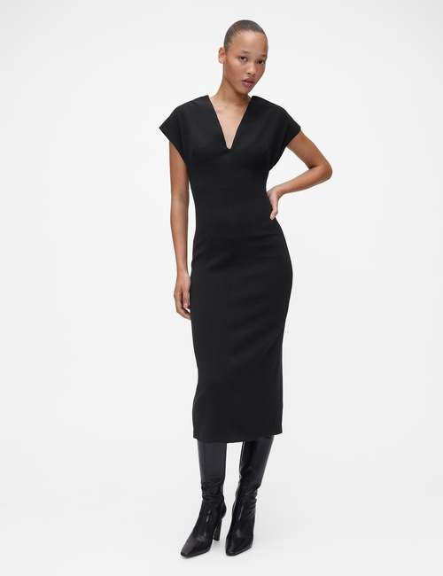GAP STUDIO DBL WEAVE V NECK FITTED MIDI DRESS