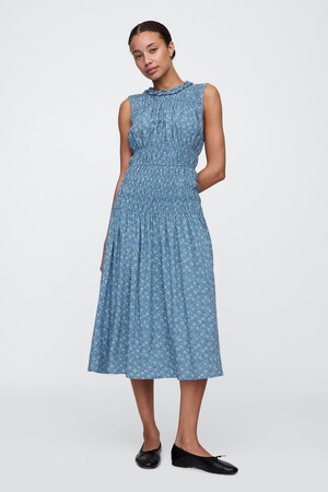 Sleeveless Smocked Ruffle Midi Dress