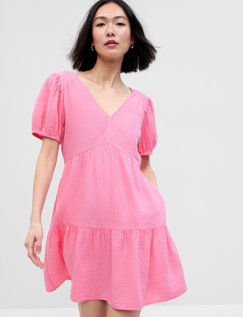 Crinkle Gauze Puff Sleeve Tiered Mini Dress