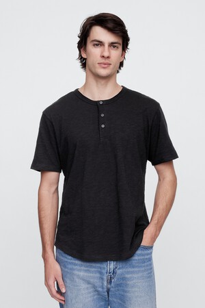 Lived-In Relaxed Curved Hem Henley T-Shirt