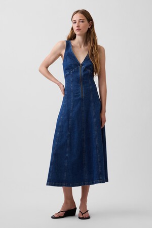 Denim Seamed Zip-Front Midi Dress