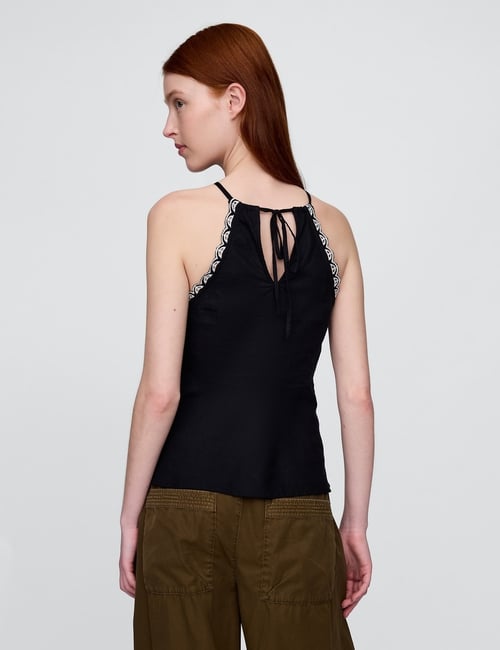Linen-Blend Embroidered Halter Top