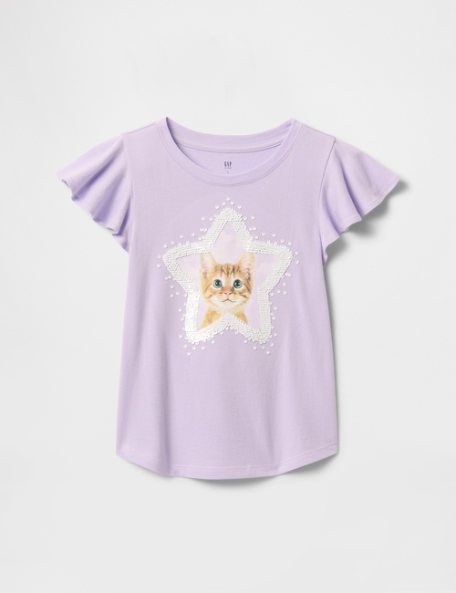 Kids Flippy-Sequin Flutter Sleeve Graphic T-Shirt