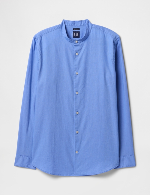 Linen-Cotton Band Collar Shirt