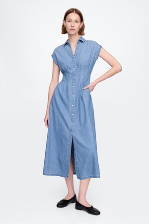 Denim Pleated Maxi Shirtdress