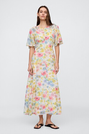 Voile Flutter-Sleeve Maxi Dress