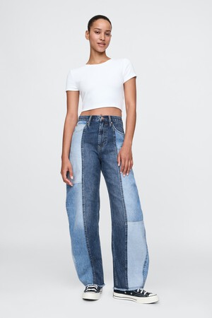 High Rise Patchwork Barrel Jeans