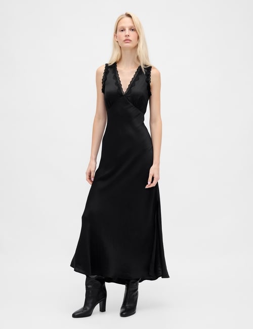 SL VNECK LACE TRIM MAXI DRESS