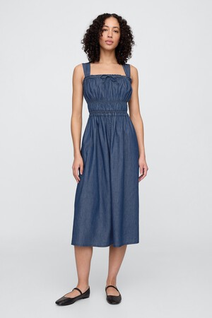 Smocked Denim Midi Dress