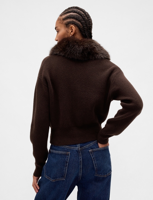 CashSoft Faux-Fur Collar Zip Cardigan Sweater