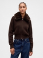CashSoft Faux-Fur Collar Zip Cardigan Sweater