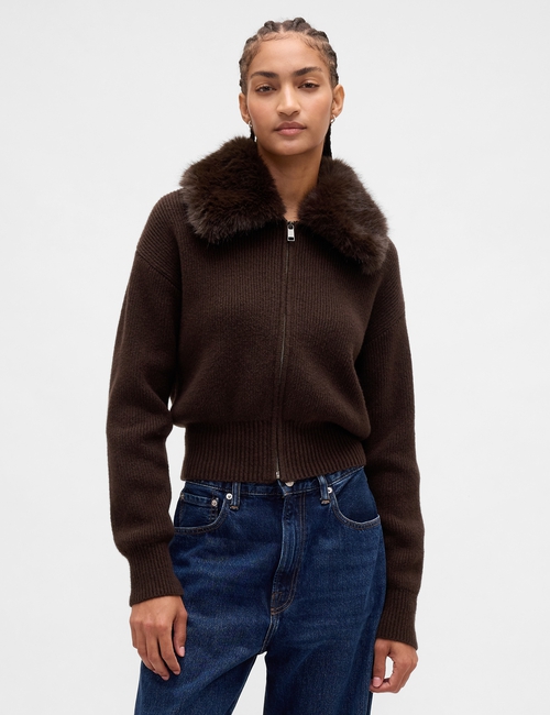 CashSoft Faux-Fur Collar Zip Cardigan Sweater