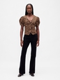 SS PUFF SLV VNECK FASHION SHIRT - LEOPARD