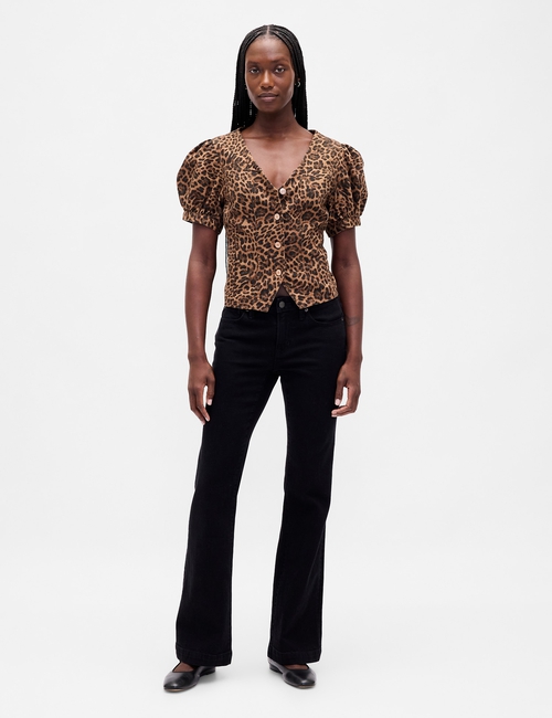 SS PUFF SLV VNECK FASHION SHIRT - LEOPARD
