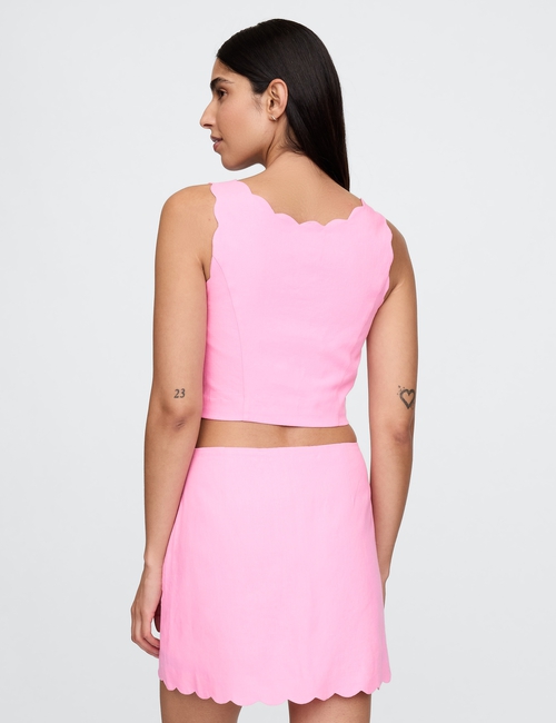 Linen-Blend Scalloped Cropped Top