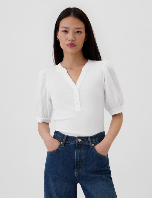 Ribbed Henley Puff Sleeve Top