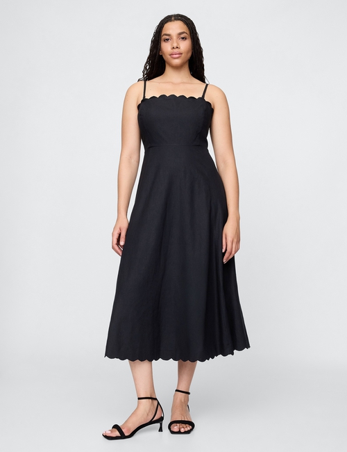 Linen-Blend Scalloped Midi Dress