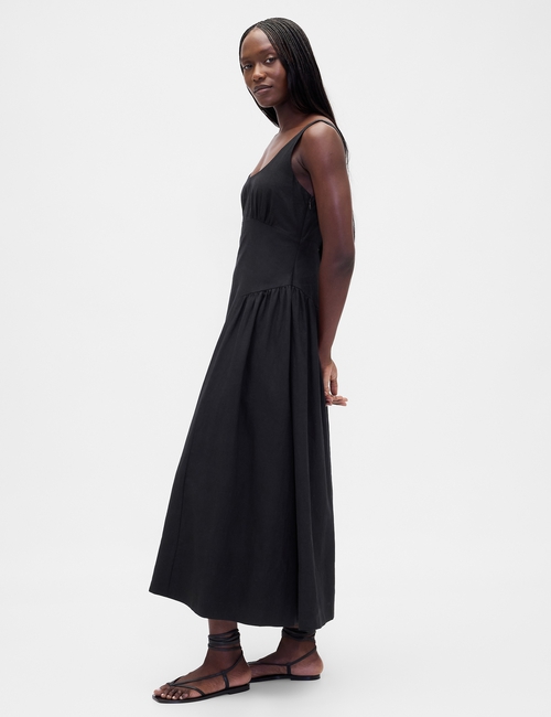 Linen-Blend Shirred Maxi Dress