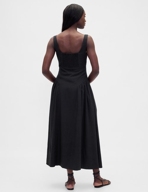 Linen-Blend Shirred Maxi Dress