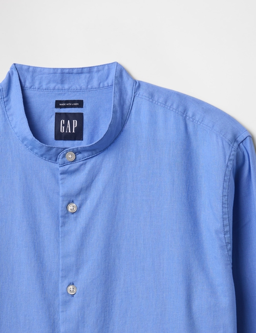 Linen-Cotton Band Collar Shirt