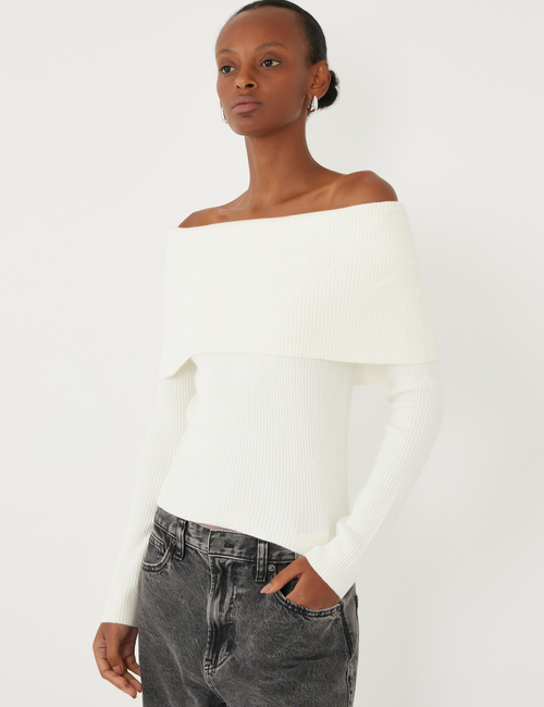 CashSoft Ribbed Off-Shoulder Sweater Top